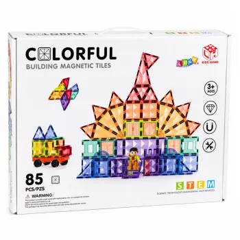 LEAN TOYS Magnetiniai konstravimo blokeliai 3D plokštės Kūrybiniai STEM spalvoti 85 vnt.
