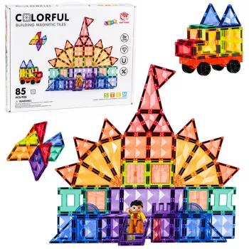 LEAN TOYS Magnetiniai konstravimo blokeliai 3D plokštės Kūrybiniai STEM spalvoti 85 vnt.