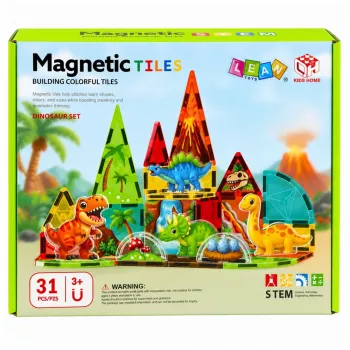 LEAN TOYS Magnetiniai konstruktoriai Dinozaurai ir ugnikalnis 31 dalių