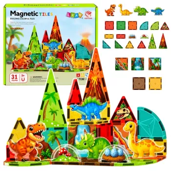 LEAN TOYS Magnetiniai konstruktoriai Dinozaurai ir ugnikalnis 31 dalių
