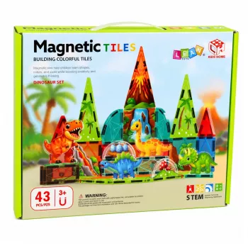 LEAN TOYS Magnetiniai konstravimo blokeliai Dinozaurai ir ugnikalnis – 43 dalių STEM rinkinys vaikams nuo 3 metų