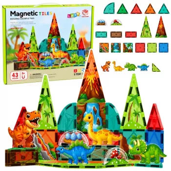 LEAN TOYS Magnetiniai konstravimo blokeliai Dinozaurai ir ugnikalnis – 43 dalių STEM rinkinys vaikams nuo 3 metų
