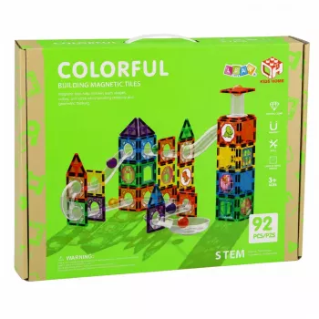 LEAN TOYS Magnetinių konstrukcinių blokelių rinkinys su takeliu, STEM kamuoliukais ir dinozaurais – 92 dalys