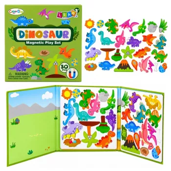 LEAN TOYS Magnetinė dinozaurų knygelė su 30 spalvotų magnetų