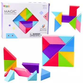 LEAN TOYS Magnetiniai tangramo blokeliai – spalvotas galvosūkis su lipdukais, 9 vnt.