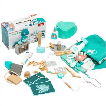 LEAN TOYS Medinė gydytojo ir odontologo rinkinys Little Doctor Dentist su prijuoste ir krepšiu, 20 dalių