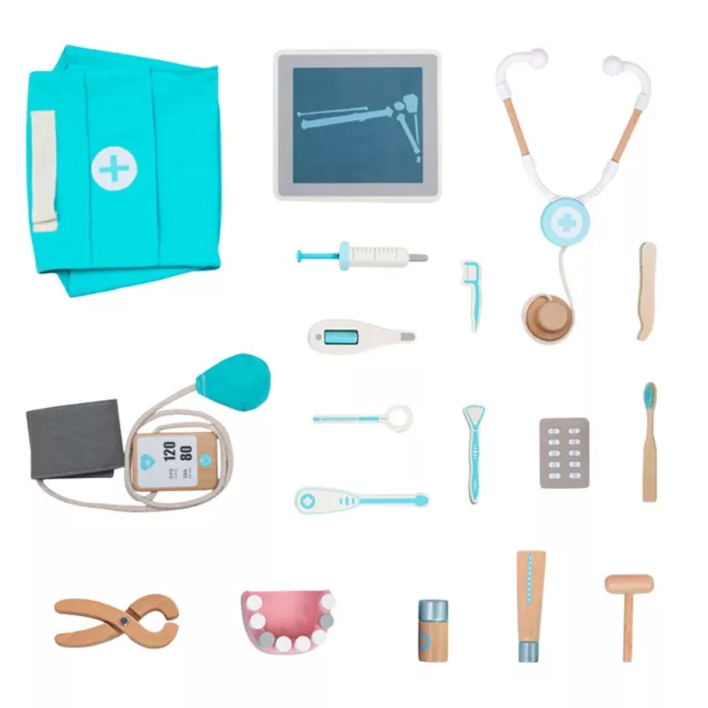 LEAN TOYS Medinė gydytojo ir odontologo rinkinys Little Doctor Dentist su prijuoste ir krepšiu, 20 dalių