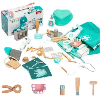 LEAN TOYS Medinė gydytojo ir odontologo rinkinys Little Doctor Dentist su prijuoste ir krepšiu, 20 dalių