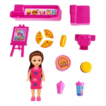 LEAN TOYS Mini lėlių rinkinys su kasos aparatu, pardavėja, mėsainiu, ledų aksesuarais