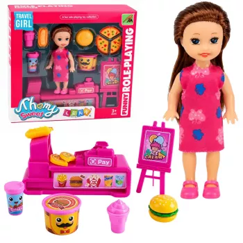 LEAN TOYS Mini lėlių rinkinys su kasos aparatu, pardavėja, mėsainiu, ledų aksesuarais