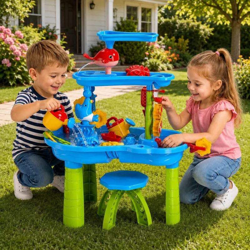 LEAN TOYS daugiapakopis vandens stalas su kėdute ir priedais 63 cm