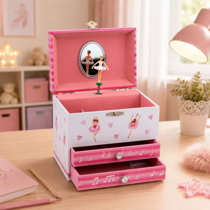 LEAN TOYS Muzikinė papuošalų dėžutė su balerina, veidrodėliu ir stalčiais – rožinė klasikinio dizaino