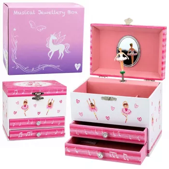 LEAN TOYS Muzikinė papuošalų dėžutė su balerina, veidrodėliu ir stalčiais – rožinė klasikinio dizaino