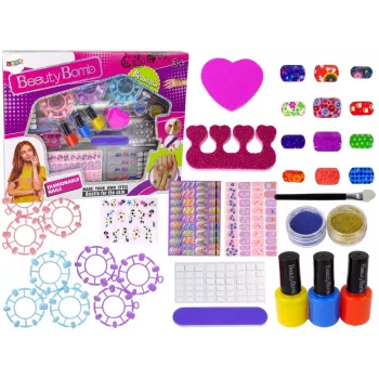 LEAN TOYS Nagų dažymo rinkinys su lakais, lipdukais, trafaretais ir blizgučiais