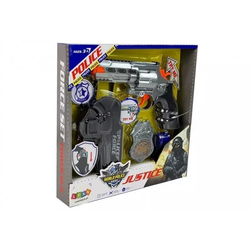 LEAN TOYS Policijos rinkinys Revolveris 20cm Ženkliukas Makštis Švilpukas Garsas Šviesos efektai