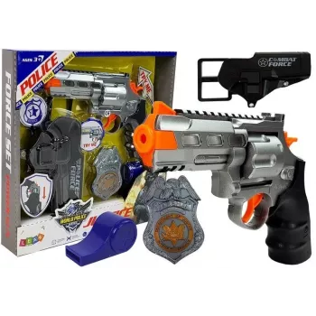 LEAN TOYS Policijos rinkinys Revolveris 20cm Ženkliukas Makštis Švilpukas Garsas Šviesos efektai