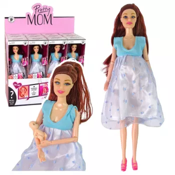 LEAN TOYS Nėščia mama lėlė su atsidarančiu pilvuku ir mėlyna suknele 30 cm