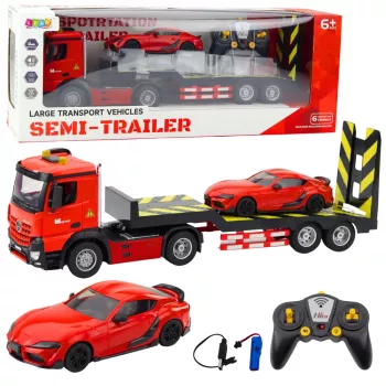 LEAN TOYS Automobilių vežėjas su nuotolinio valdymo vilkiku ir raudonu sportiniu automobiliu 1:16 (22707)