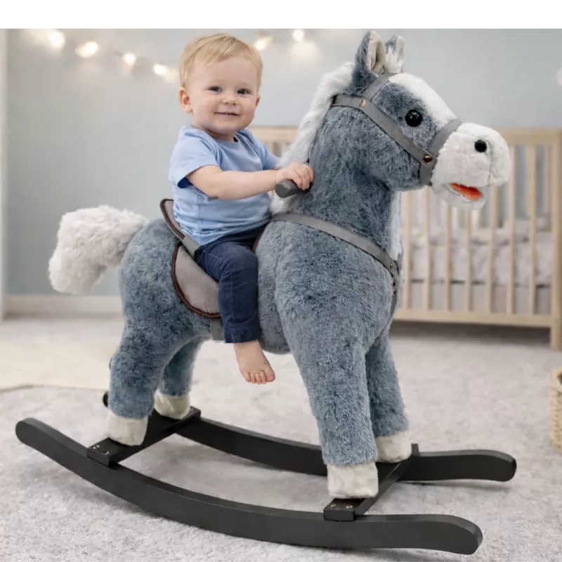LEAN TOYS Sūpynių arkliukas su balnu, pėdų atrama ir garsais, pilkas, 74 cm