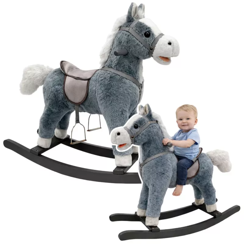 LEAN TOYS Sūpynių arkliukas su balnu, pėdų atrama ir garsais, pilkas, 74 cm