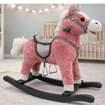 LEAN TOYS Sūpynių arkliukas su balneliu, garsais ir pėdų atrama, rožinis, 74 cm