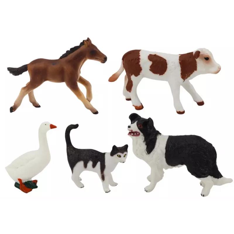 LEAN TOYS Ūkio gyvūnų figūrėlių rinkinys 5 vnt. Arklys, Karvė, Katė, Žąsis, Šuo