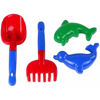 LEAN TOYS Smėlio aksesuarų rinkinys 4 vnt. – kastuvėlis, grėblys, 2 formelės, patvarus plastikas, nuo 12 mėn.