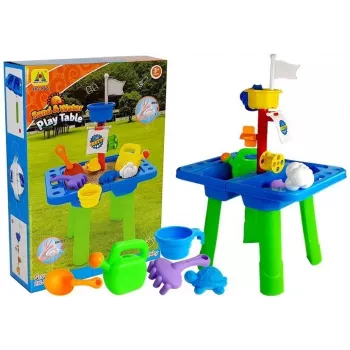 LEAN TOYS Smėlio ir vandens stalas su formelėmis, kastuvėliu, grėbliuku ir debesėlio formele – įvairiaspalvis