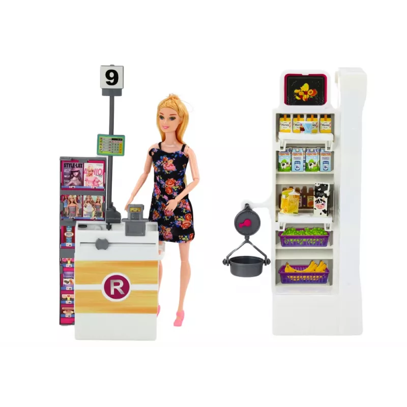 LEAN TOYS Set Doll In Supermarket Shelves Shopping Cart Food Products