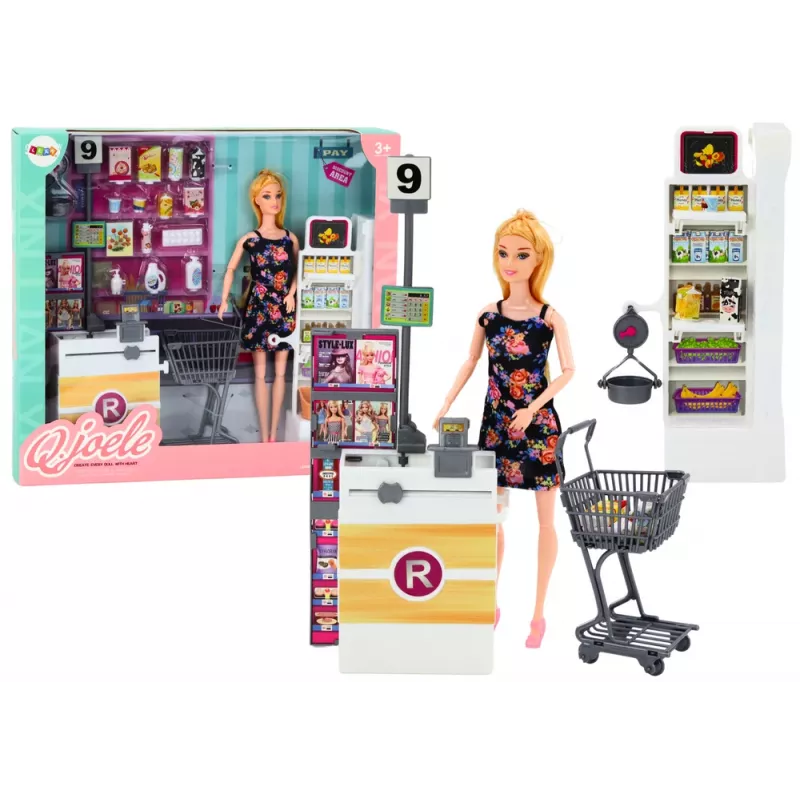 LEAN TOYS Set Doll In Supermarket Shelves Shopping Cart Food Products