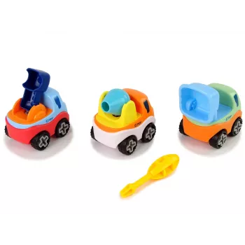 LEAN TOYS 3 statybinių mašinų rinkinys su atsuktuvu: betono maišyklė, kranas, savivartis