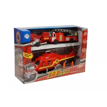 LEAN TOYS Gaisrinės transporto priemonių rinkinys: automobilis, sraigtasparnis, motociklas su šviesomis ir garsais