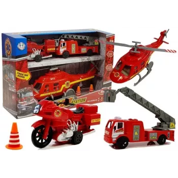 LEAN TOYS Gaisrinės transporto priemonių rinkinys: automobilis, sraigtasparnis, motociklas su šviesomis ir garsais