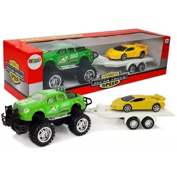 LEAN TOYS Automobilių rinkinys Geltoni sportiniai Žali visureigiai su frikciniu varikliu