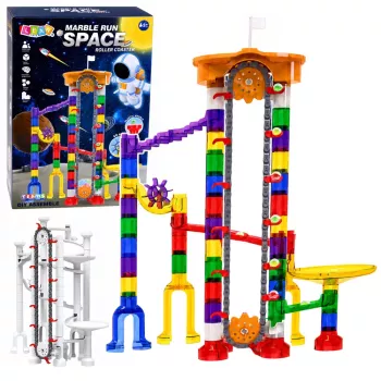 LEAN TOYS Space Track Construction Blocks 153 pcs - 3D spalvotas rutuliukų takas su tuneliais ir kamuoliukais