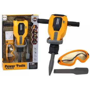 LEAN TOYS Žaislinis pneumatinis plaktukas su šalmu ir akiniais – geltonas, 3+ metai, šviesos ir garsai, 4 dalių rinkinys