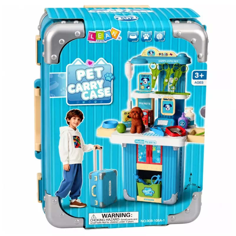 LEAN TOYS Veterinarijos lagaminėlis su 12 aksesuarų šunų priežiūrai, rudos spalvos