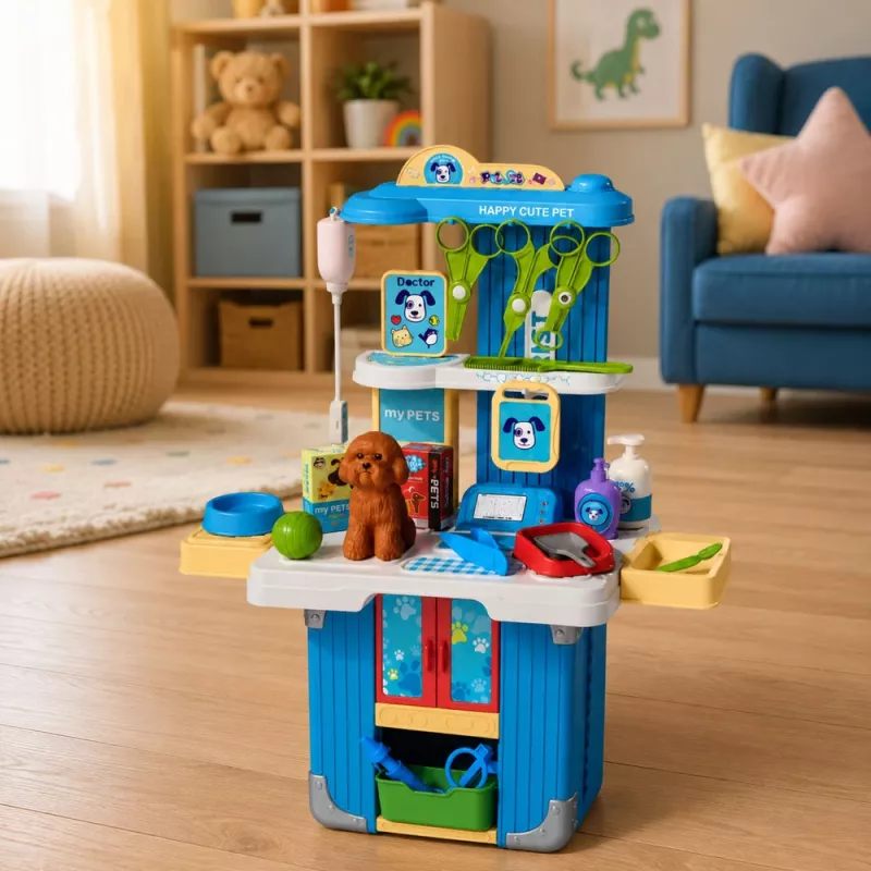 LEAN TOYS Veterinarijos lagaminėlis su 12 aksesuarų šunų priežiūrai, rudos spalvos