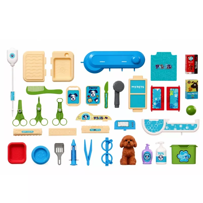 LEAN TOYS Veterinarijos lagaminėlis su 12 aksesuarų šunų priežiūrai, rudos spalvos