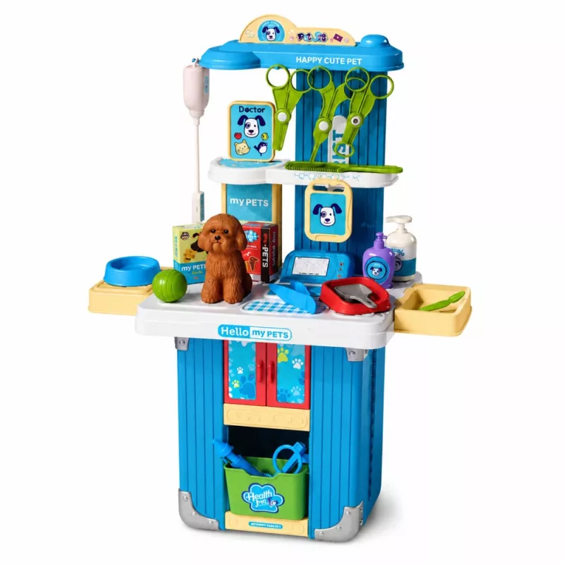 LEAN TOYS Veterinarijos lagaminėlis su 12 aksesuarų šunų priežiūrai, rudos spalvos