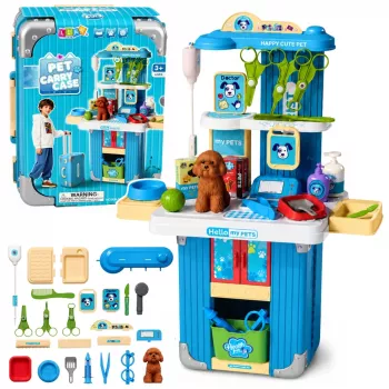LEAN TOYS Veterinarijos lagaminėlis su 12 aksesuarų šunų priežiūrai, rudos spalvos