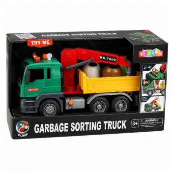LEAN TOYS Šiukšliavežis su kranu, konteineriais, inercine pavara, šviesos ir garso efektais