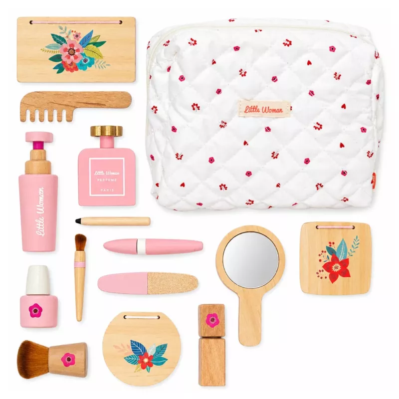 LEAN TOYS Wooden Beauty Set For Girls With White Cosmetic Bag 17 Pieces