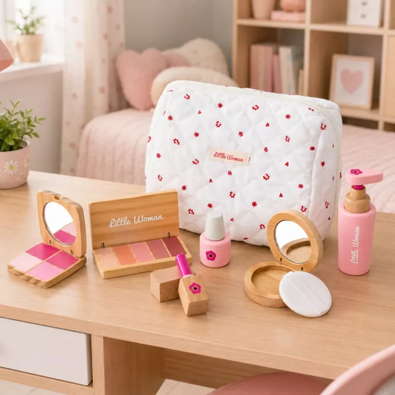 LEAN TOYS Wooden Beauty Set For Girls With White Cosmetic Bag 17 Pieces