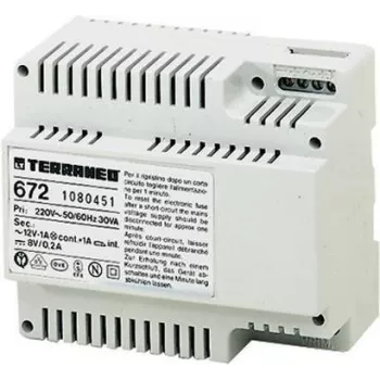 LEGRAND bticino 672 maitinimo blokas vaizdo durų telefonams, 230V AC į 8V DC / 12V AC, 1.2A, DIN bėgelis, baltas
