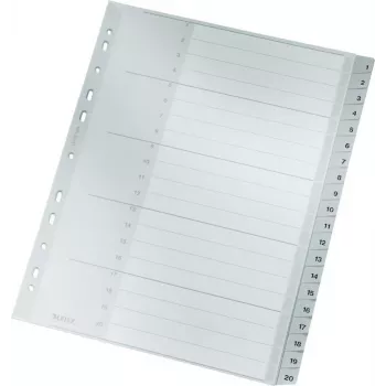 LEITZ 1284 A4 itin platūs numeruoti skirtukai 1-20, pilki, 20 dalių, polipropilenas, 0,12 mm, su rašomu viršeliu 1284-00