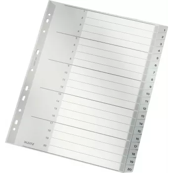 LEITZ 1284 A4 itin platūs numeruoti skirtukai 1-20, pilki, 20 dalių, polipropilenas, 0,12 mm, su rašomu viršeliu 1284-00