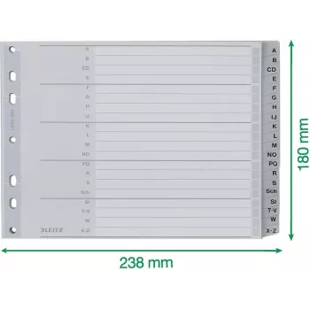 Leitz A-Z abėcėliniai skirtukai, A4, pilki plastikiniai skirtukai ant 250 g/m² kartono, 20 dalių, 11 skylių universalus perforavimas 1262-01-00