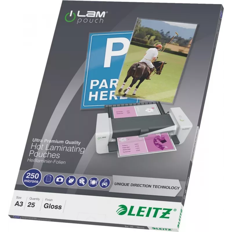 LEITZ A3 blizgios laminavimo plėvelės 250 mikronų Crystal Clear, 25 vnt. (7491-00-00)