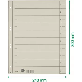 LEITZ A4 itin platūs registro skirtukai, manilos kartonas 230 g/m², pilki dažyti per visą storį, tušti skirtukai, 100 lapų 1658-00-85
